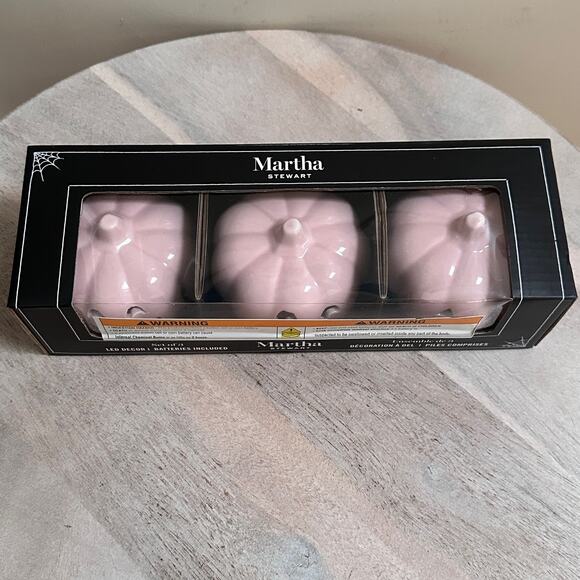 Set Of 3 Martha Stewart Pink Ceramic Led Light Up Jack O Lantern Pumpkins New - Picture 2 of 16